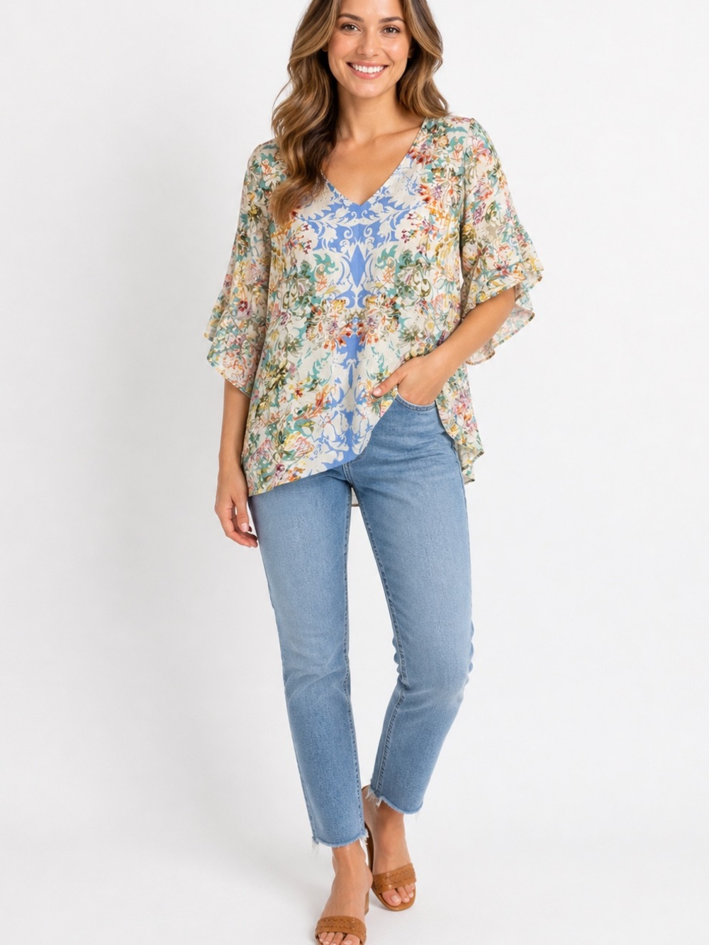 Sundance Floral V-Neck Flutter Sleeve Blouse in Blue and Cream